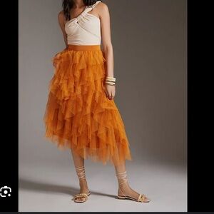 Anthropologie Cheri Ruffle Tulle Midi Skirt Elastic Waist In Maize Size Medium
